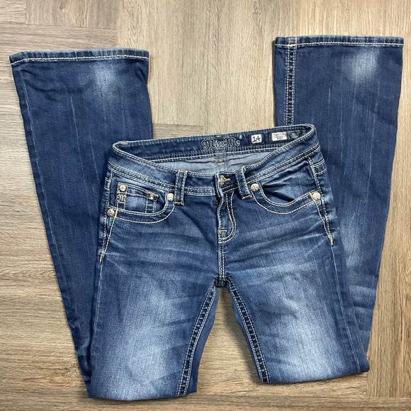 Miss Me Girls Boot Cut Jeans 14 Blue Denim Embellished Pockets Y2K Bling Western - Picture 2 of 8
